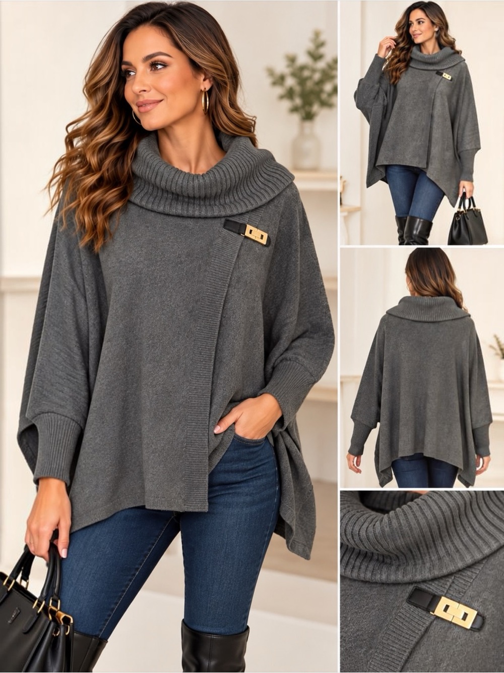 Calvin Klein Gray Cowl Neck Cape Poncho Sweater L/XL Buckle Dolman Sleeve